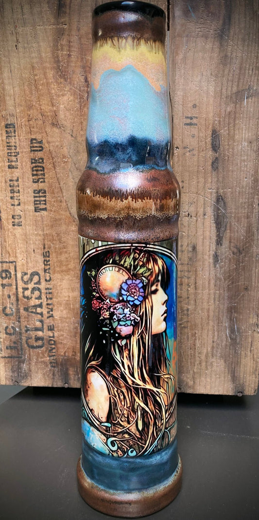 Back view of a handmade stoneware bong showcasing the third design in the Art Nouveau series with colorful portrait artwork.
