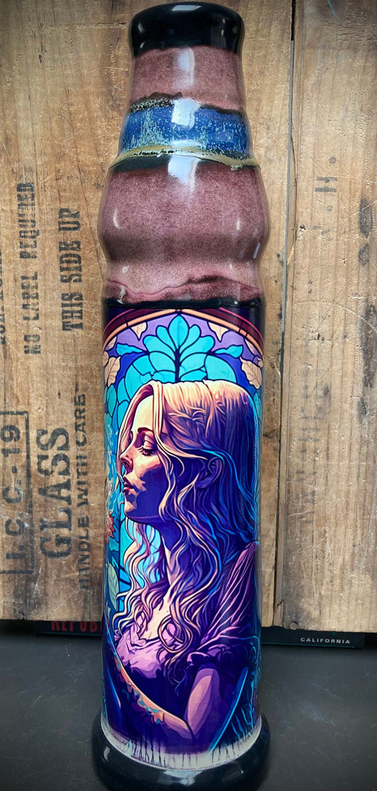 Unique ceramic bong with Art Nouveau portrait, flowing blonde hair, vibrant stained glass artwork and handcrafted glazes