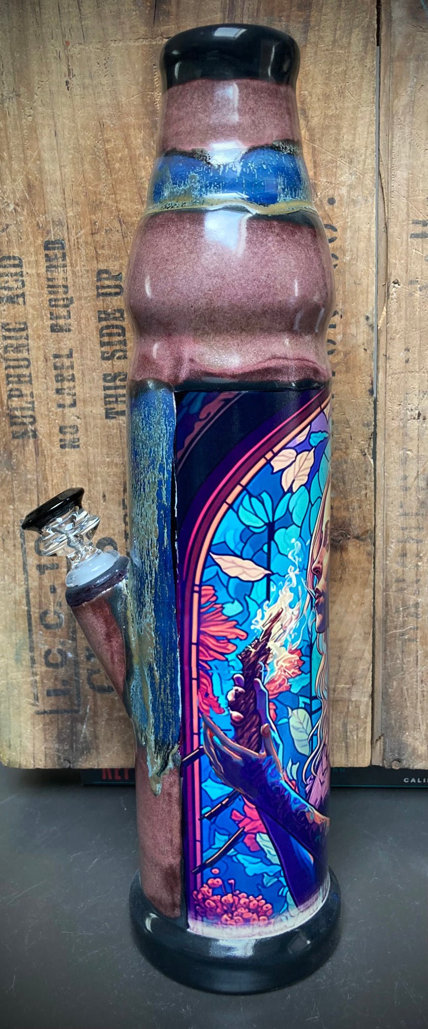 Decorative ceramic bong with Art Nouveau inspired portrait, flowing hair design and striking blue copper glazes