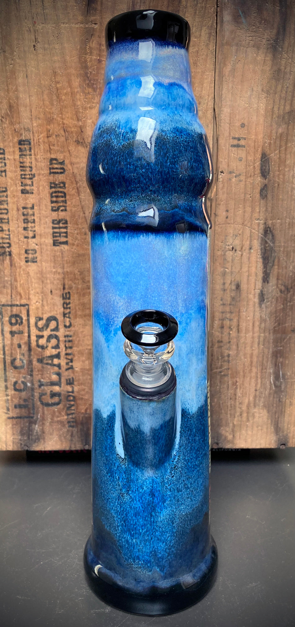 Vintage-inspired Sea Monkey art on ceramic bong with blue glaze combo.