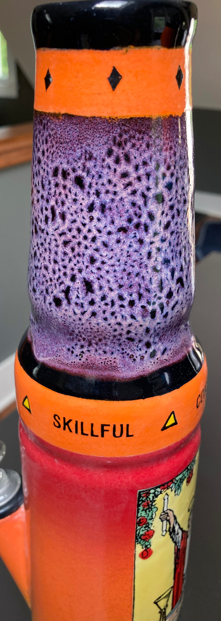 Berkshire Bong Company Ceramic Bong The Magician Tarot Card Water Pipe with purple and orange textured design