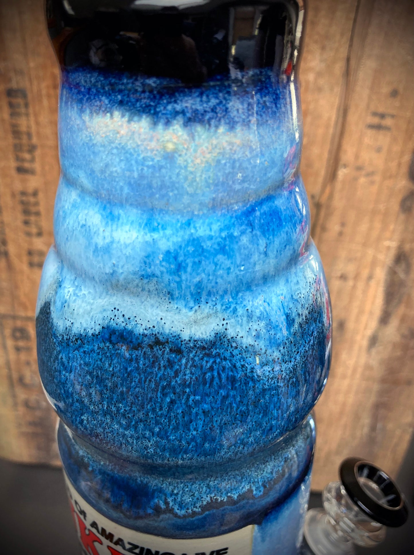 Ceramic bong featuring vintage Sea Monkeys comic ad with blue glazes and black bowl.