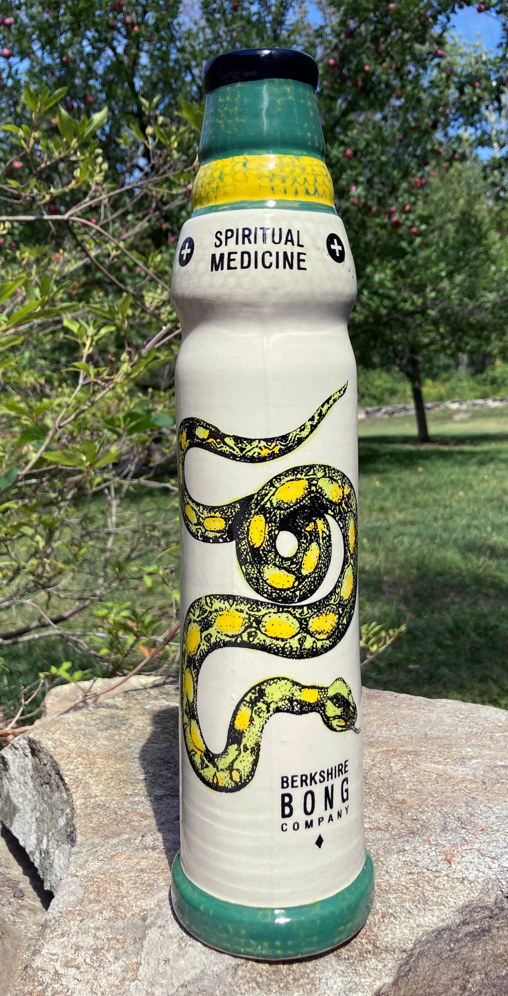 Berkshire Bong Company ceramic snake bong with vibrant snake design and spiritual medicine label