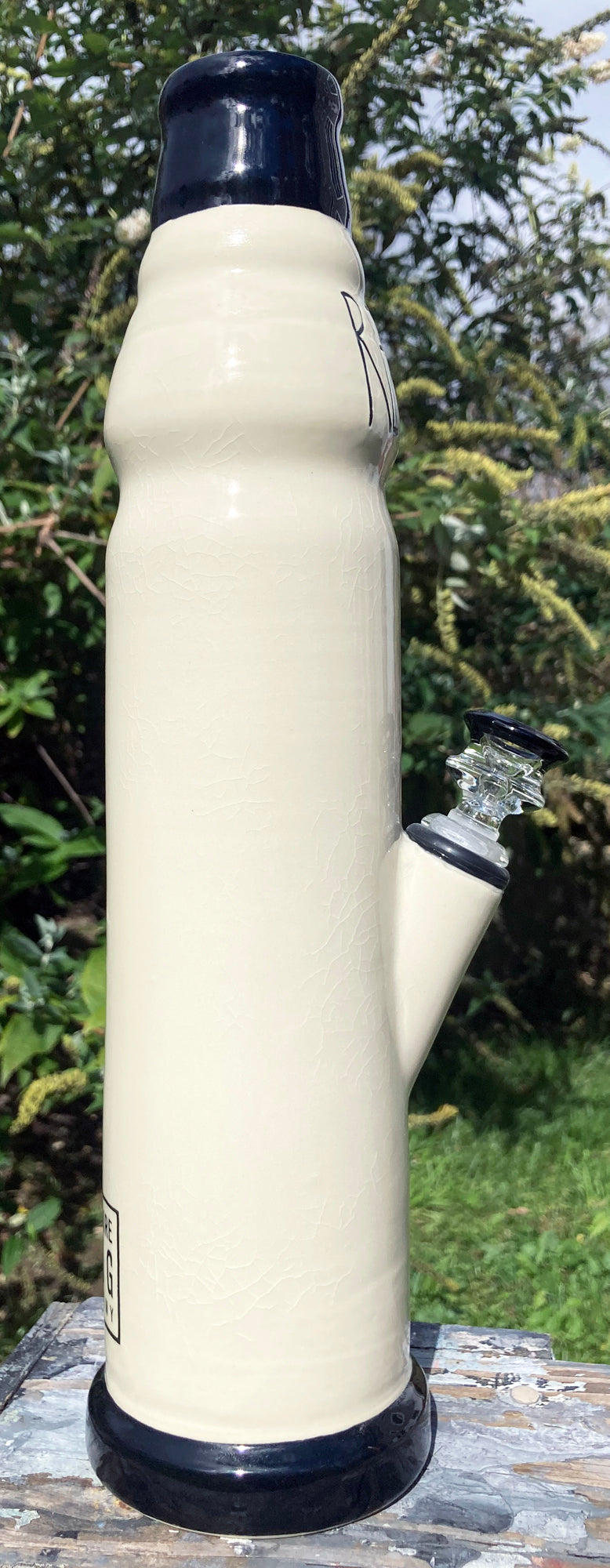 Stoneware Farmhouse Ceramic Bong RELAX tall cream glazed thermos style bong with navy rim and glass bowl