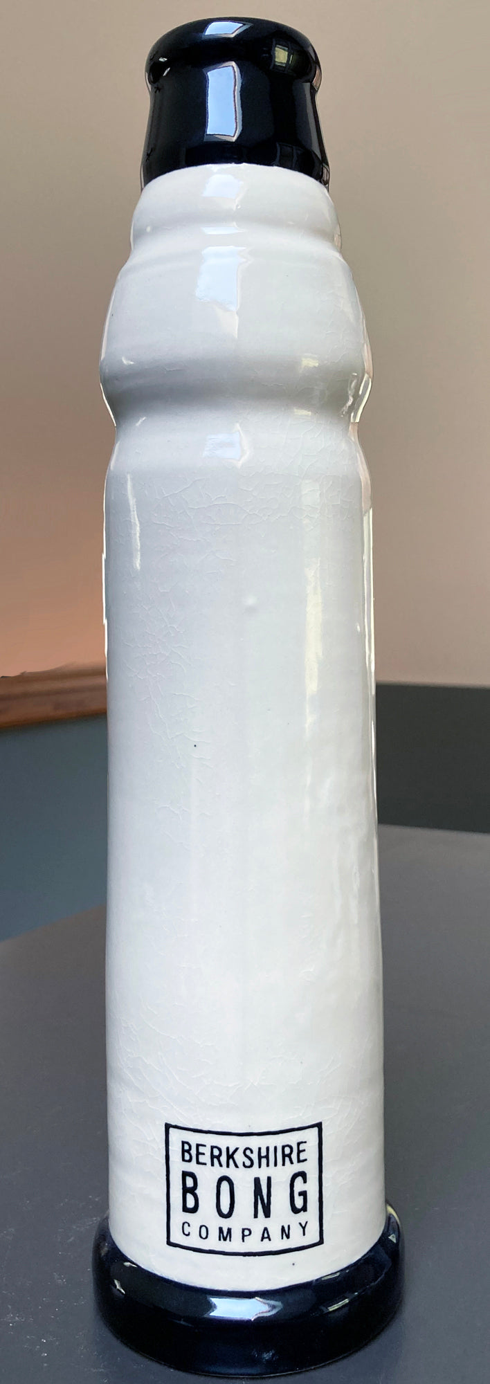 Stoneware Farmhouse Ceramic Bong RELAX white tall glossy ceramic bong with black cap and base Berkshire Bong Company logo
