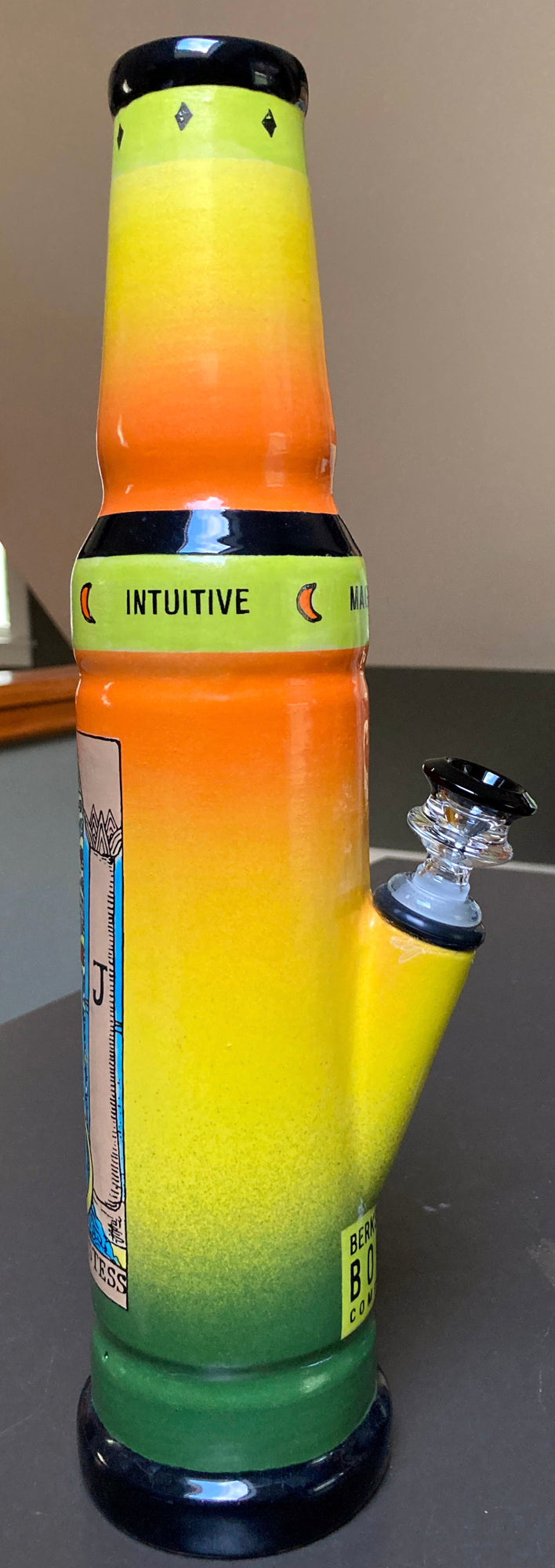 Ceramic Bong High Priestess Tarot Card vibrant yellow orange green gradient ceramic bong with Intuitive band and side bowl