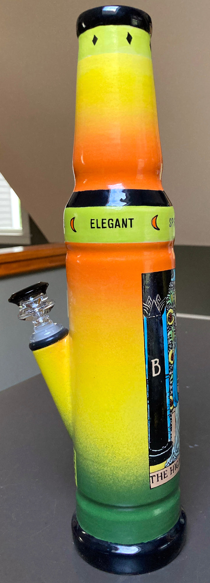 Ceramic Bong High Priestess Tarot Card tall gradient yellow orange green bong with black trim and ELEGANT band
