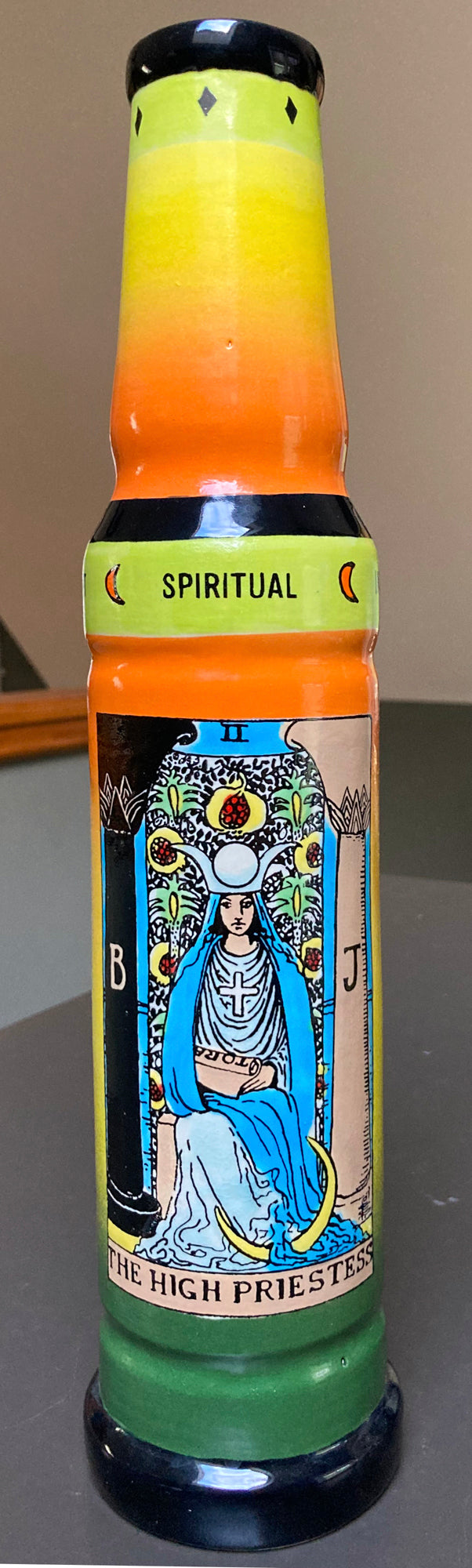 Ceramic Bong High Priestess Tarot Card colorful tall ceramic bong with High Priestess tarot image and spiritual band