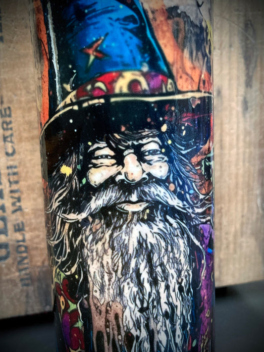 Ceramic bong with bearded healer figure in glowing purple and white glazes.