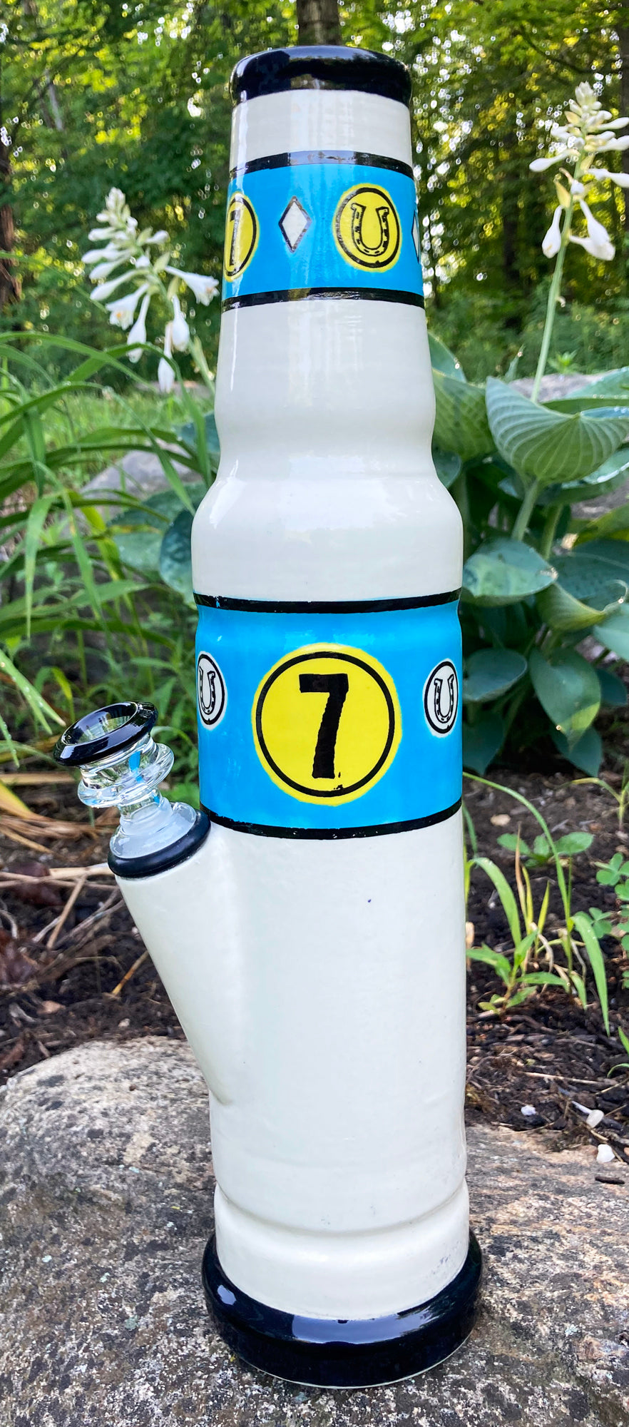 Berkshire Bong Company Stoneware Ceramic Bong Lucky Number Water Pipe with blue and yellow number 7 design