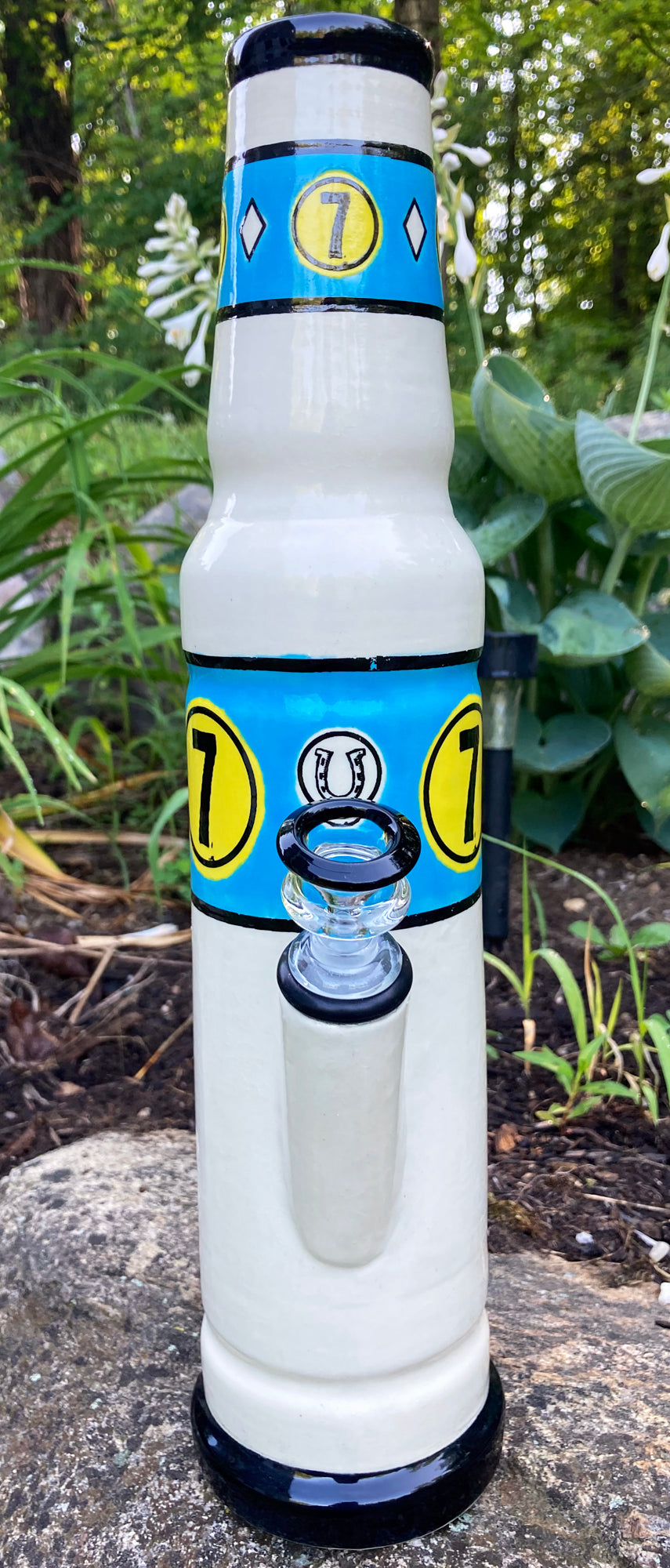 Stoneware Ceramic Bong Lucky Number Water Pipe with blue and yellow number 7 design by Berkshire Bong Company