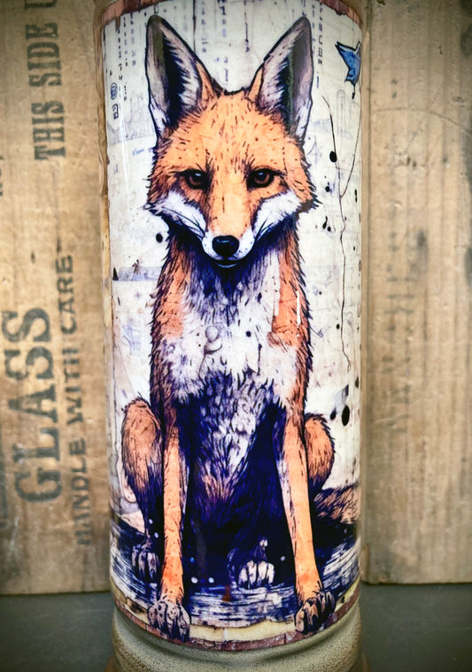 Fox and bird illustration on ceramic bong with layered Amaco Ancient Copper glaze.