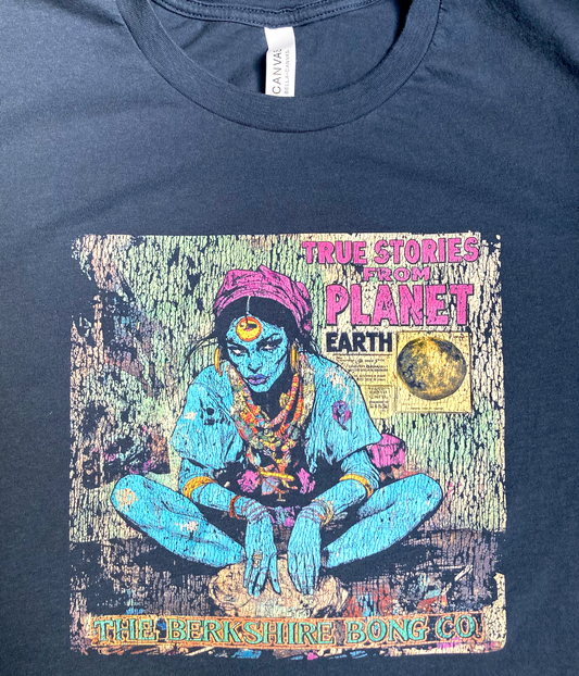 True Stories from Planet Earth Comic Vintage Navy T navy tee with comic blue skinned mystic and moon graphic
