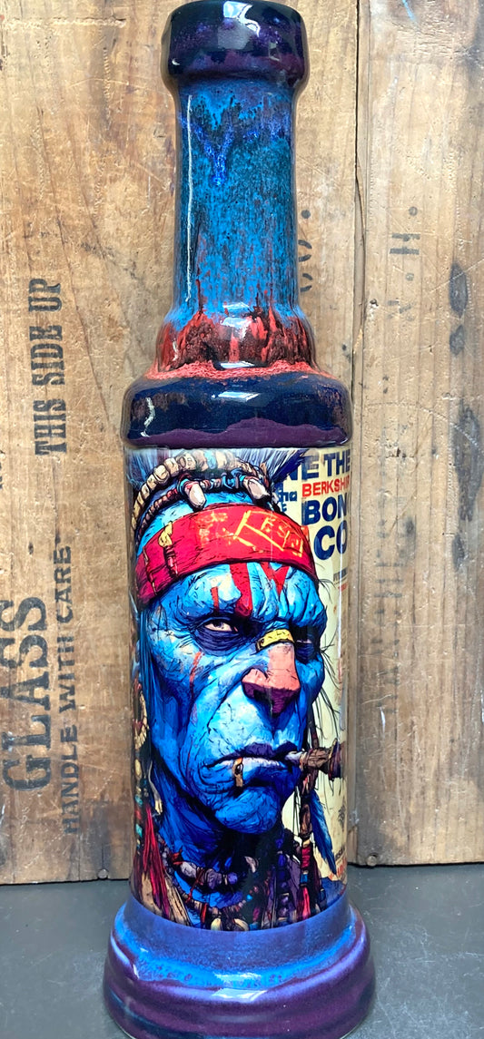 Chief Savage Ceramic Bong Wild Blue Warrior tall hand painted ceramic bong featuring blue warrior face and red headband