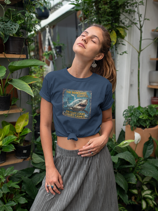 Vintage navy t-shirt with fierce great white shark and cracked payday loans sign