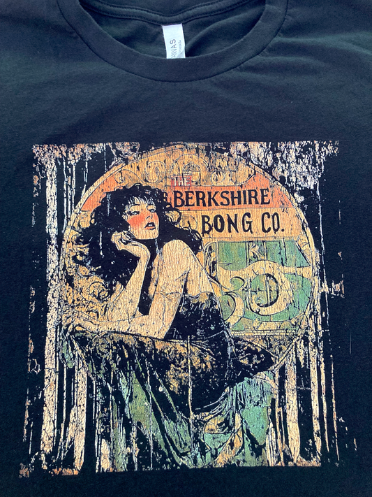Berkshire Bong Co black tee with pinup woman and distressed logo Vintage Art Deco Inspired TShirt Distressed 1920s Design
