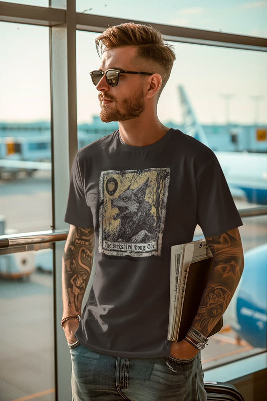 Man wearing a Berkshire Bong Company Big Bad Wolf Graphic Tee standing at an airport with sunglasses and tattoos