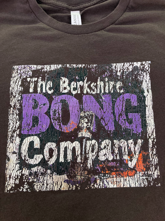 Distressed Graffiti Logo T-Shirt Vintage Street Art Style Tee in Dark Brown. Featuring Berkshire Bong Company cracked purple logo