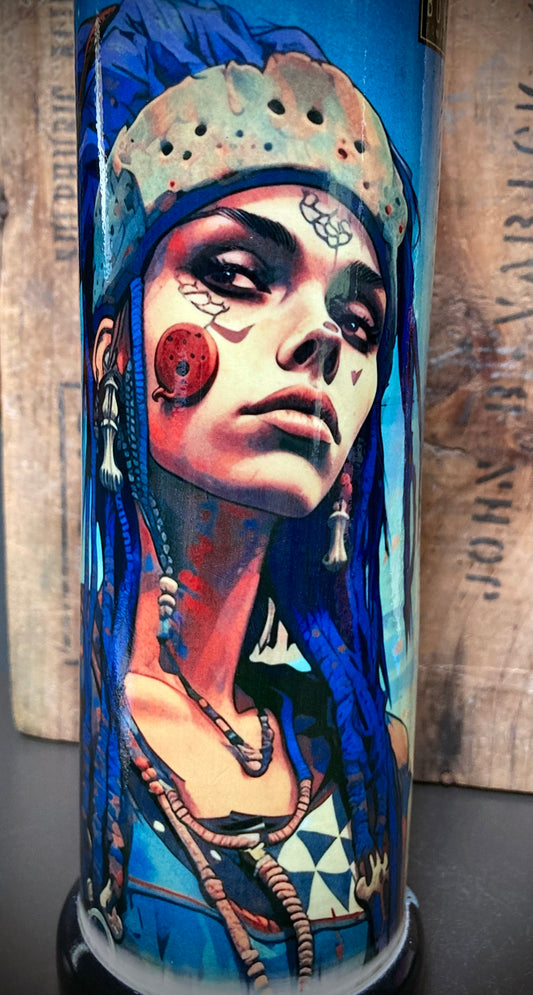 Ceramic bong with cosmic warrior art and shimmering blue-silver finish.