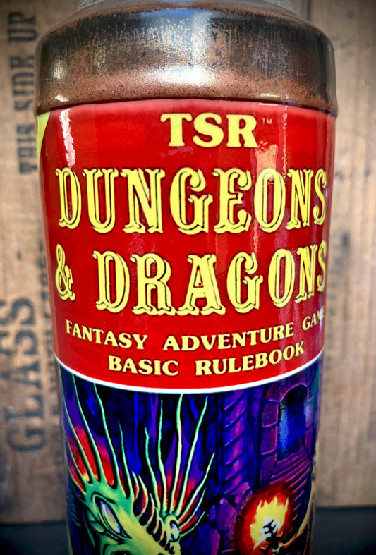 Handmade Ceramic Bong Dungeons Dragons First Edition Rulebook style red TSR label with fantasy artwork by Berkshire Bong Company