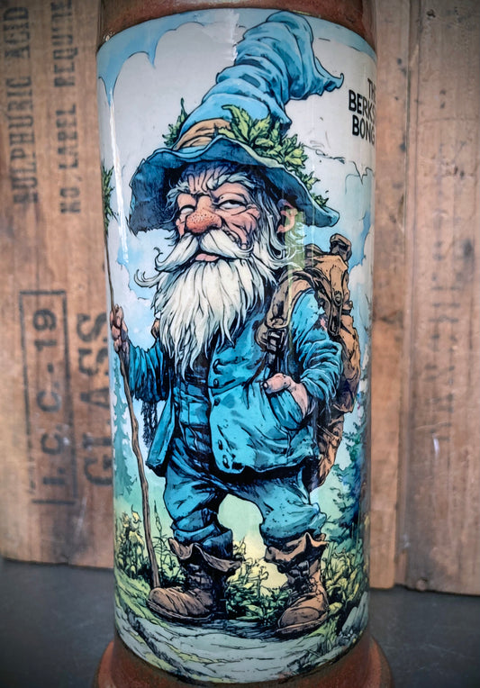 Full body art of forest gnome with blue coat and backpack, walking through woods.