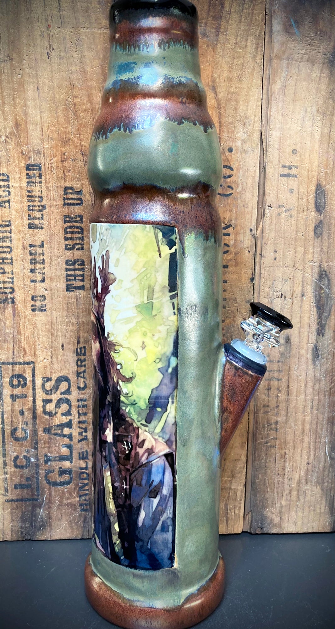 Ceramic bong featuring a bearded forest king in the Berkshire Hills woods.