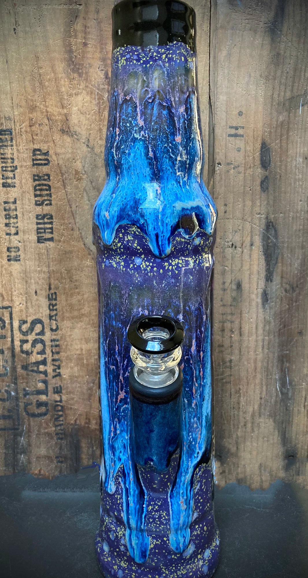Berkshire forest scene on ceramic bong with woodland trees and trail.