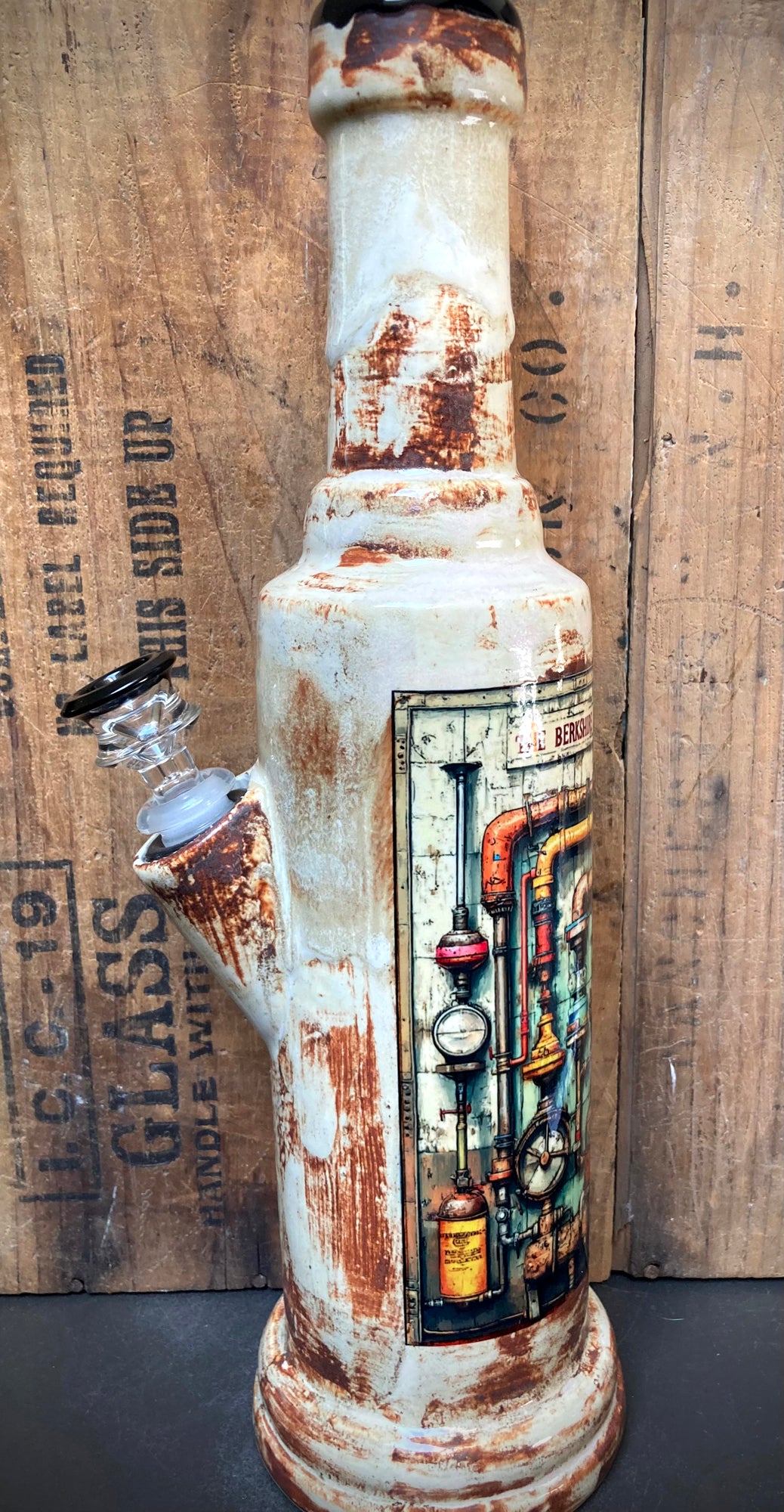 Vintage-style ceramic bong pipes and gaskets steampunk art design with intricate details