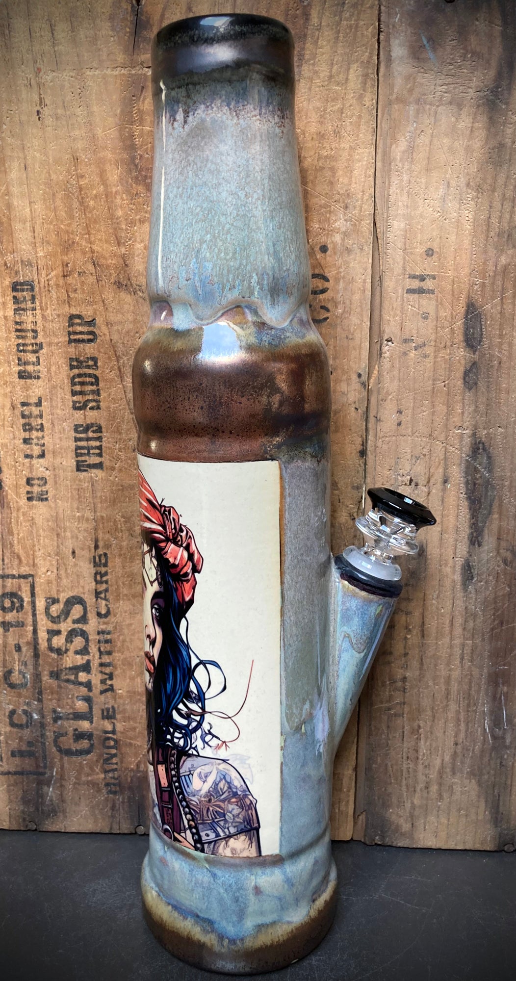 Ceramic Bong Pirate Woman Skull Tattoo with Unique Artwork and Bottle Design
