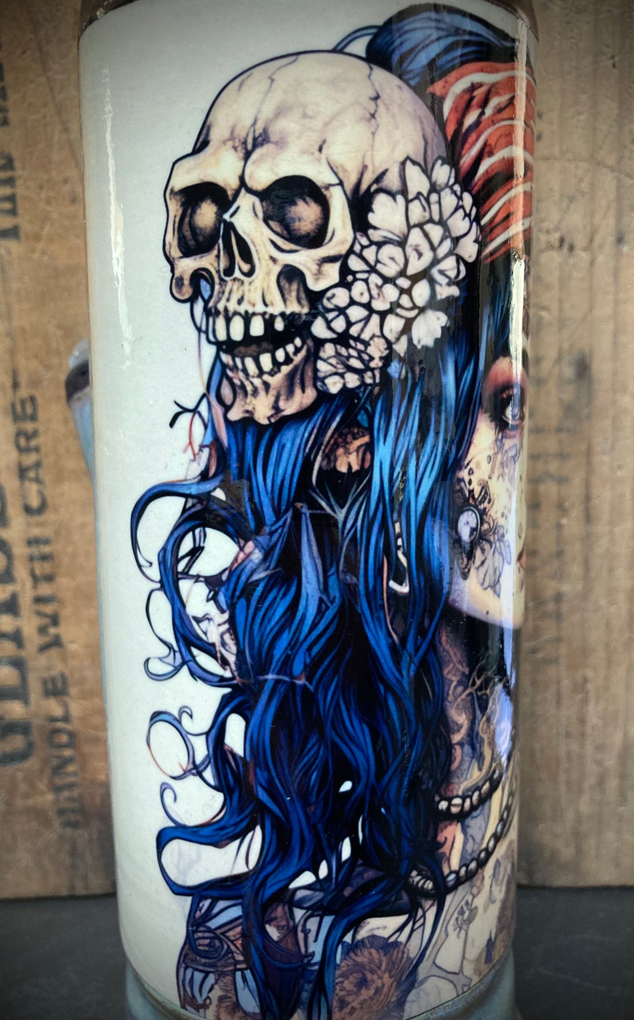 Ceramic Bong Pirate Woman Skull Tattoo featuring intricate designs and vibrant blue hair