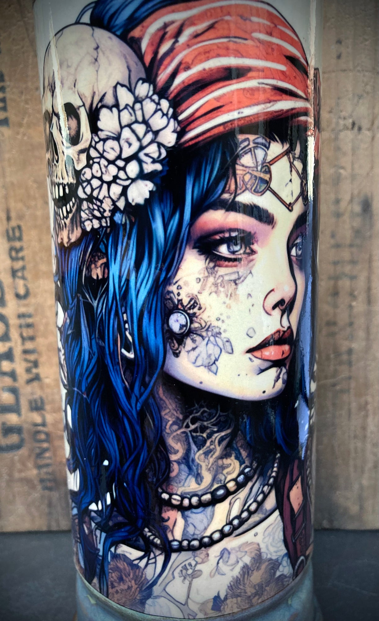 Ceramic Bong Pirate Woman Skull Tattoo with Detailed Artwork and Vivid Colors