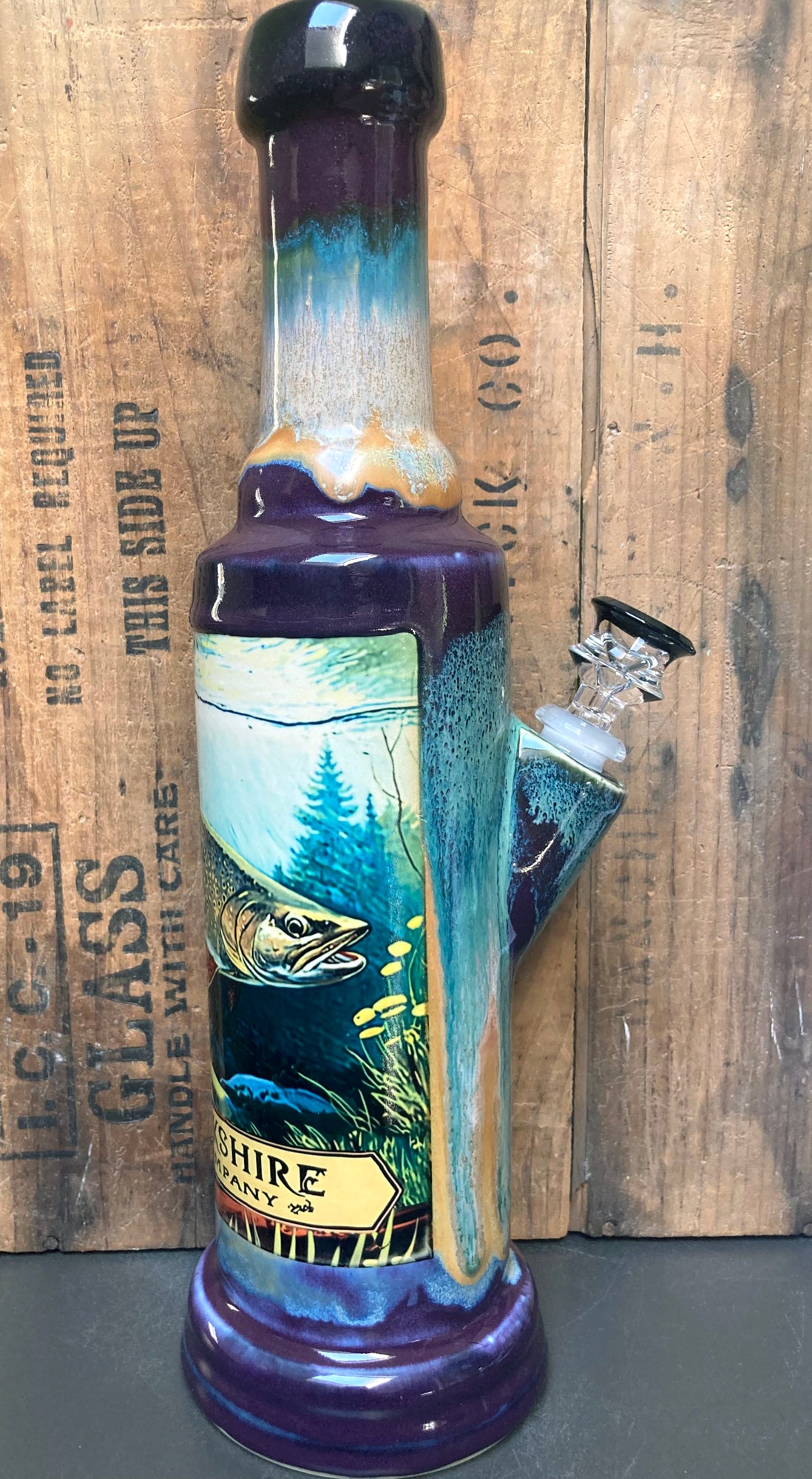 Ceramic bong trout fish river design featuring vibrant colors and detailed artwork