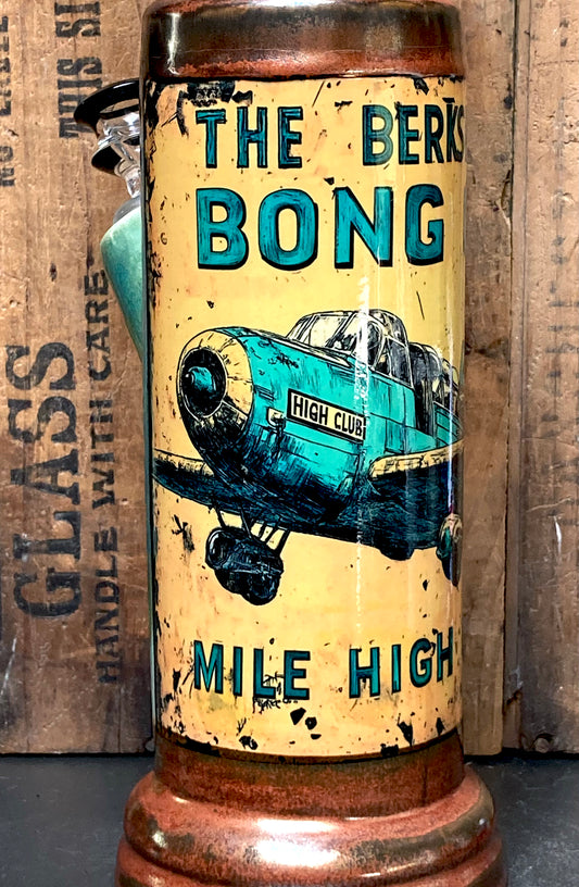 Unique handmade bong with aviation theme, golden sky art, and copper-accented base.