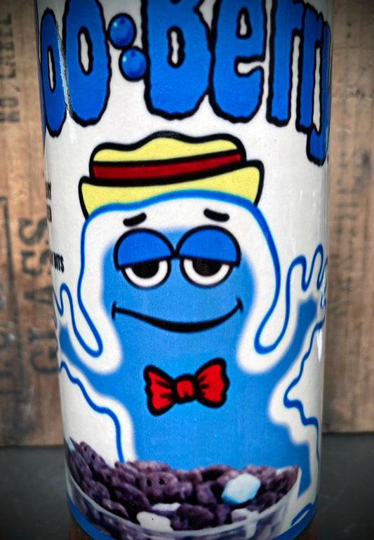 Ceramic bong featuring vintage Booberry cereal ghost in blue glaze.