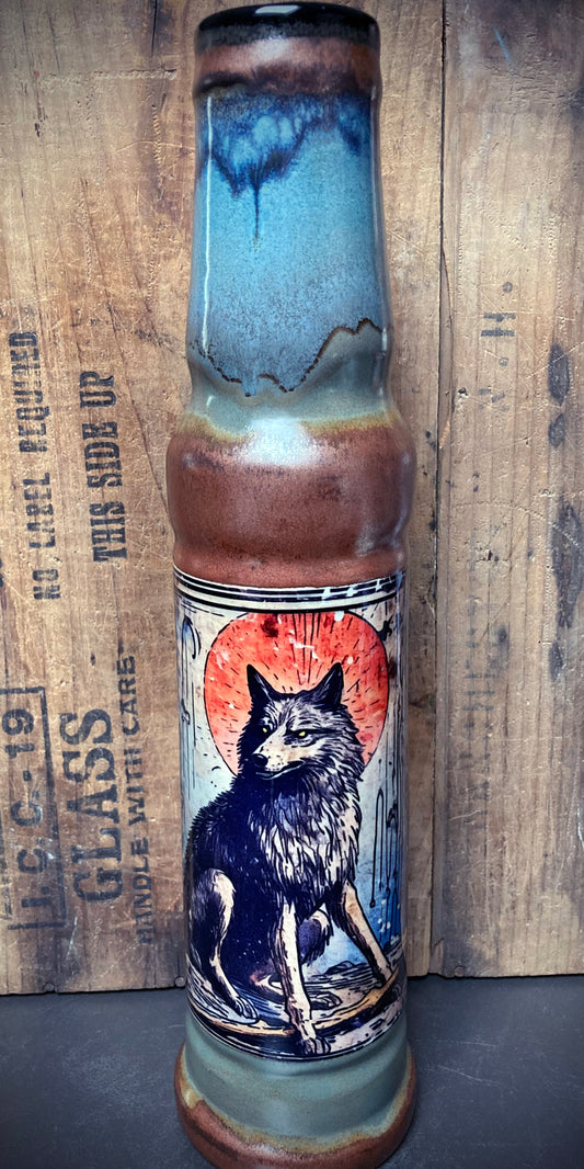 Berkshire Bong Company Green Grey Blue Glazes Ceramic Bong Dire Wolf with proud wolf design