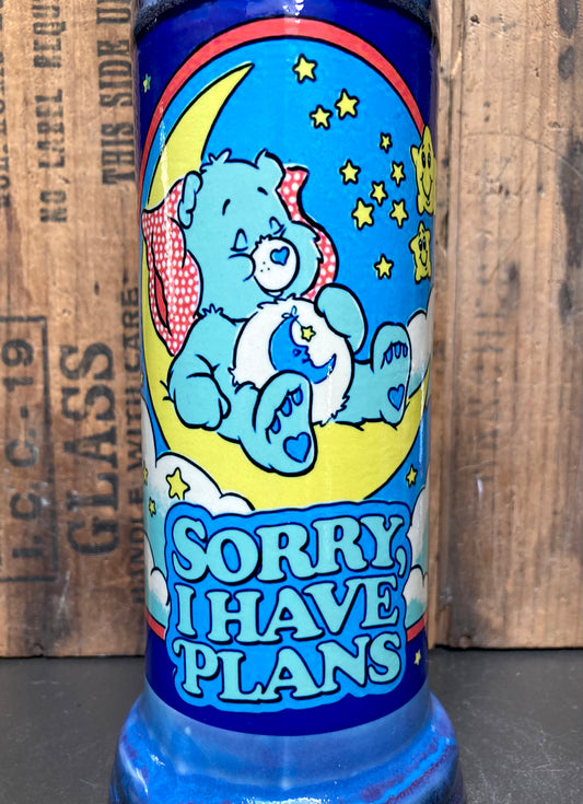 Handmade Ceramic Bong Cute Care Bear Moon Art colorful blue bong with Care Bear on moon and Sorry I Have Plans text