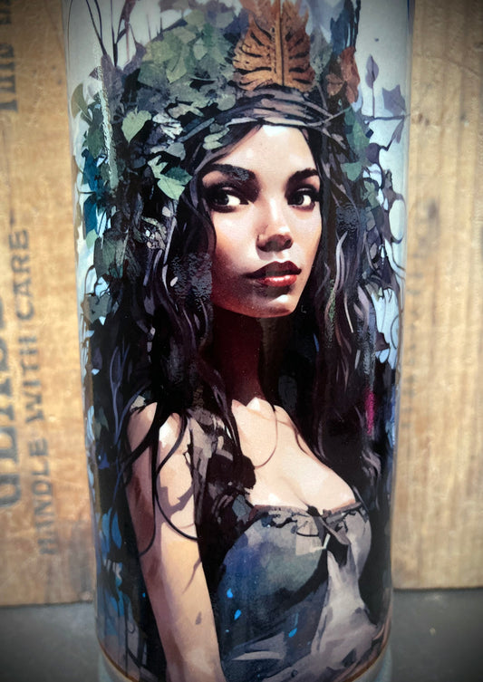 Ceramic bong with forest guide artwork and earthy outdoor energy.