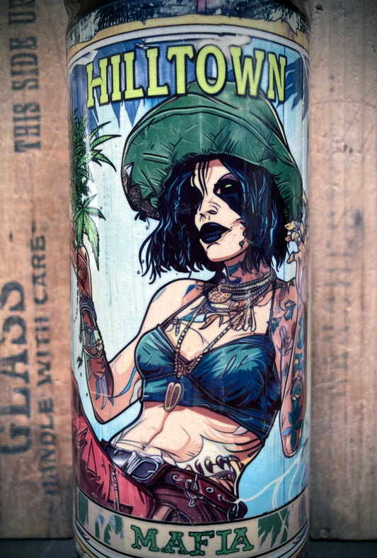 Handmade Ceramic Bong Hill Town Mafia Woman featuring detailed artwork of a tattooed woman in a green hat