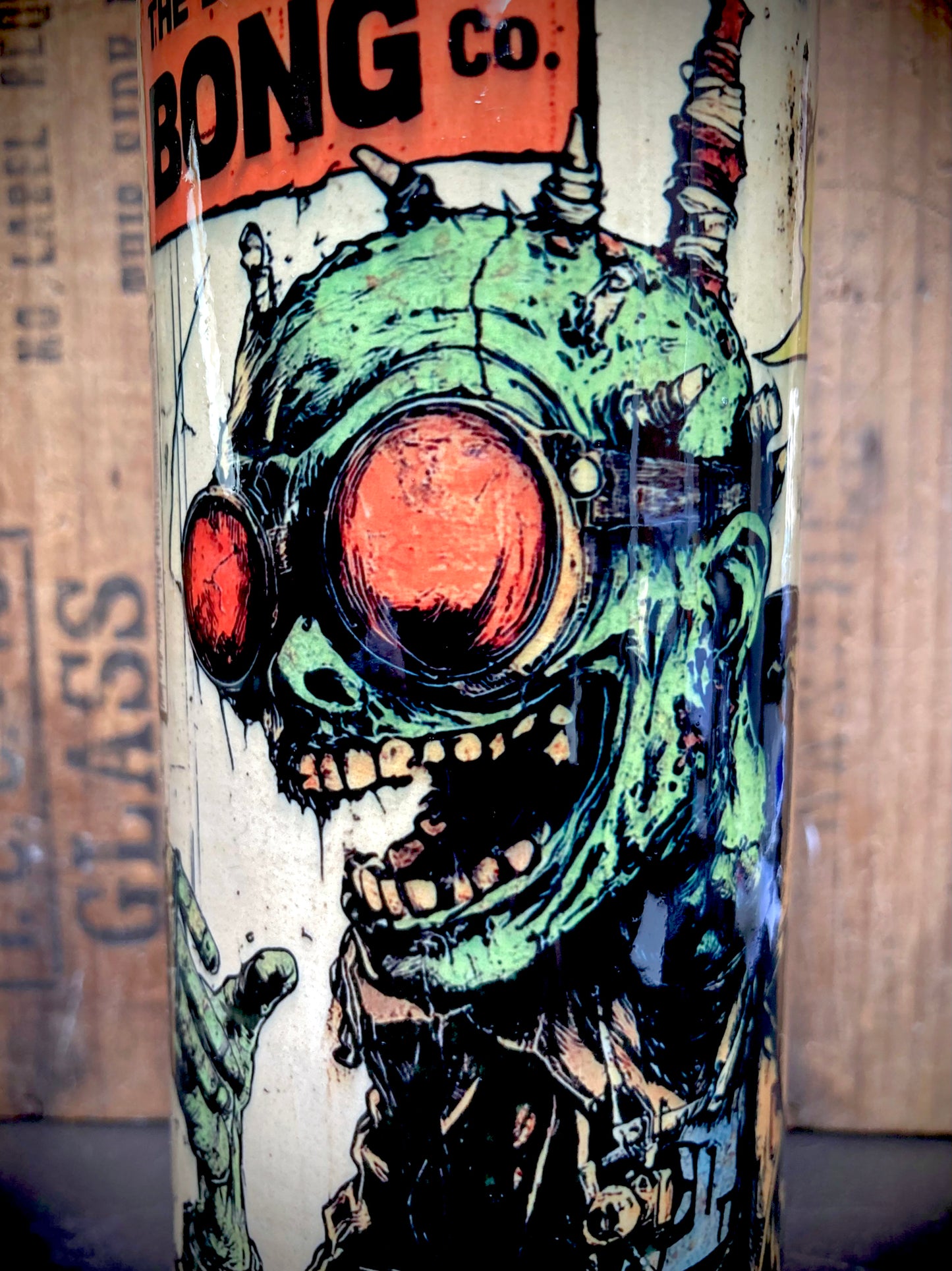 Handmade Ceramic Bong Laughing Emoji Dead featuring a colorful zombie design with goggles and vibrant details