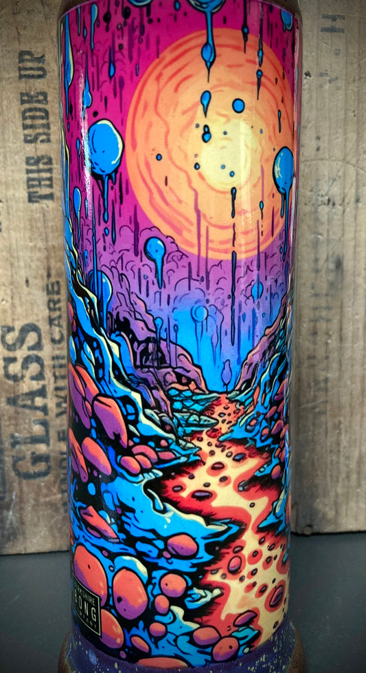 Psychedelic ceramic bong with neon swirls and bubbly lava lamp vibe.