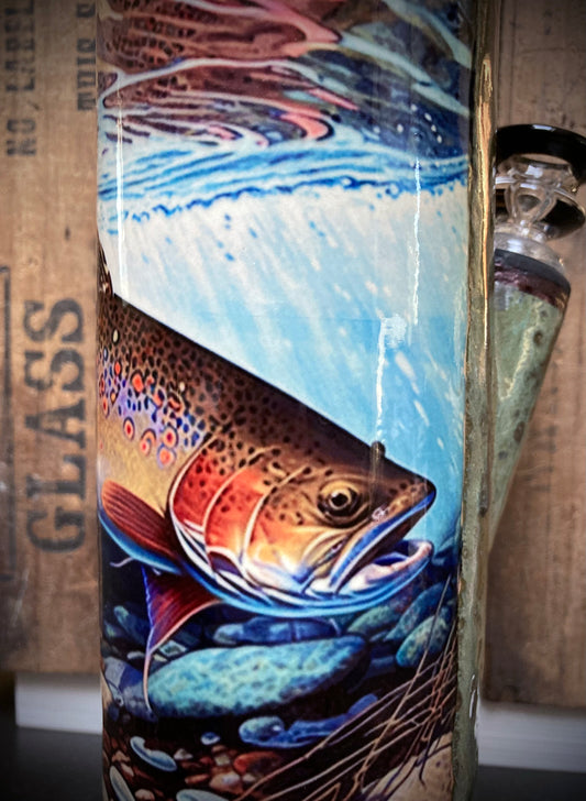 Handmade ceramic bong with trout and fishing artwork inspired by the Berkshires.