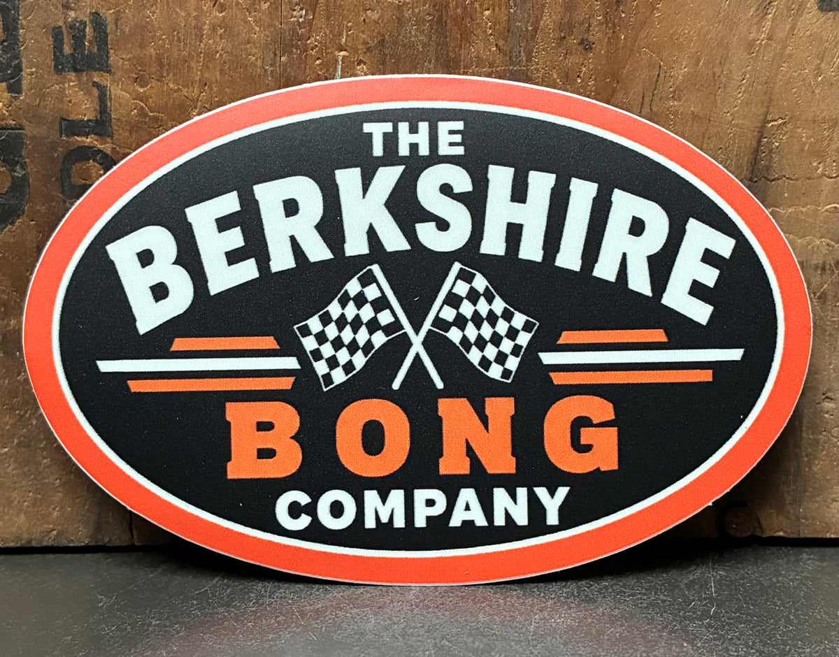 Oval Berkshire Bong Company logo sticker with crossed racing flags