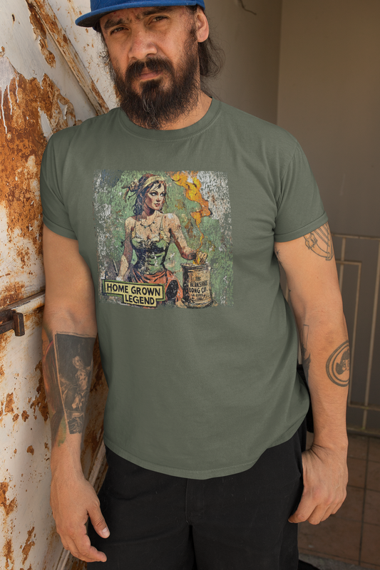 Distressed military green t-shirt with retro Homegrown Legend woman and cracked print