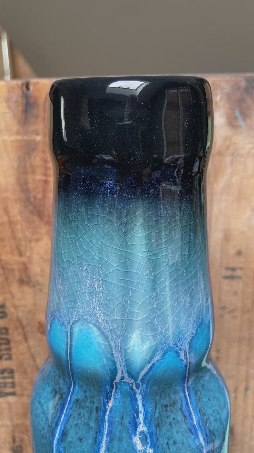 A Handmade ceramic bong glazed with glossy blue and black glazes. Grand Theft Auto 5 graphic on back.