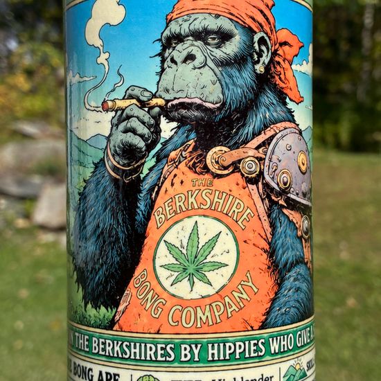 Berkshire Bong Ape handmade ceramic bong featuring ape collector-card artwork, speckled sage-green glaze and antique copper accents.