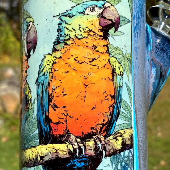 Endless Summer handmade ceramic bong featuring colorful parrot artwork, sky-blue crackle glaze and metallic copper accents.