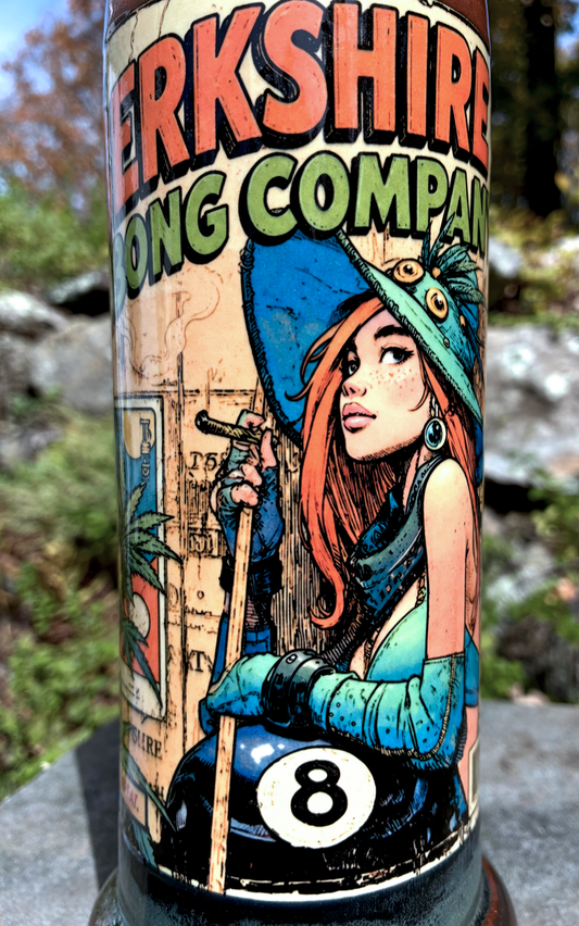  Eight Ball Pool Girl handmade ceramic bong featuring a red-haired woman seated on an eight ball, mossy green glaze and antique copper accents.