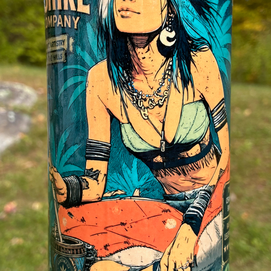 Legendary Mystic handmade ceramic bong featuring vintage mystic collectible-card artwork and flowing purple, lavender and cream glaze.