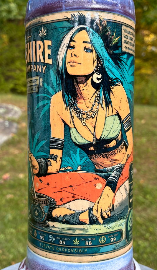 Legendary Mystic handmade ceramic bong featuring vintage mystic collectible-card artwork and flowing purple, lavender and cream glaze.