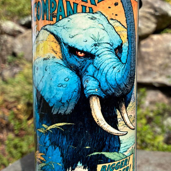 The Mighty Elephant handmade ceramic bong featuring vintage elephant comic-cover artwork, bright blue crackle glaze and glossy black accents.
